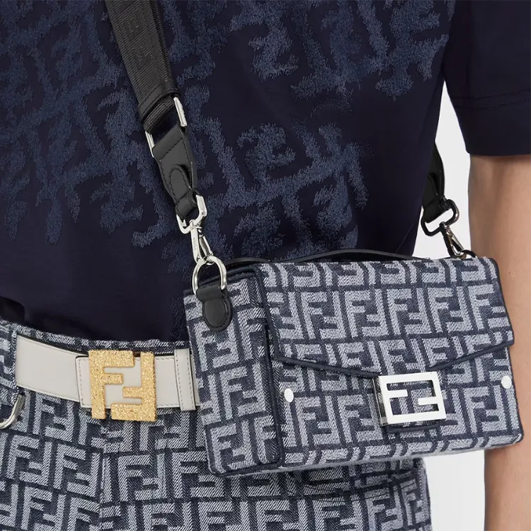 FENDI Baguette Cotton Calfskin Shoulder Bag Crossbody Bag Handbag Regular Men's Dark Blue-6