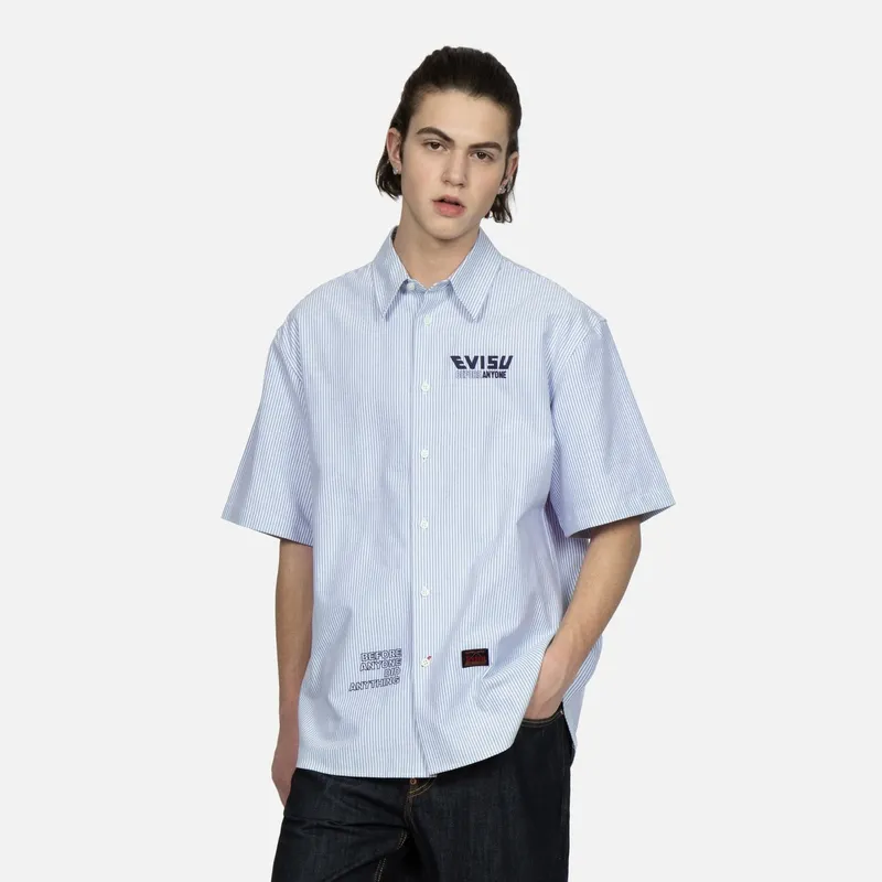 EVISU Shirts Men Dark Blue White Stripes-3