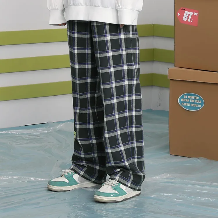 BIRDTALK Casual Pants Unisex Gray Green Plaid-3