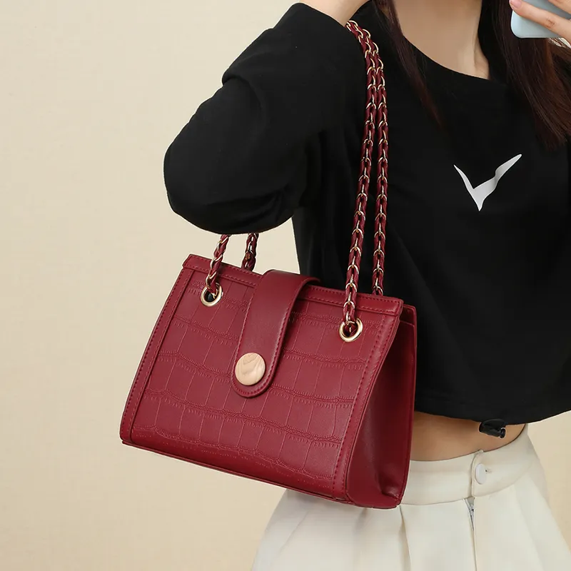 VINEY Cow Leather Patchwork Synthetic Leather Shoulder Bag Crossbody Bag Shoulder Bag Large Size Women's Red-1