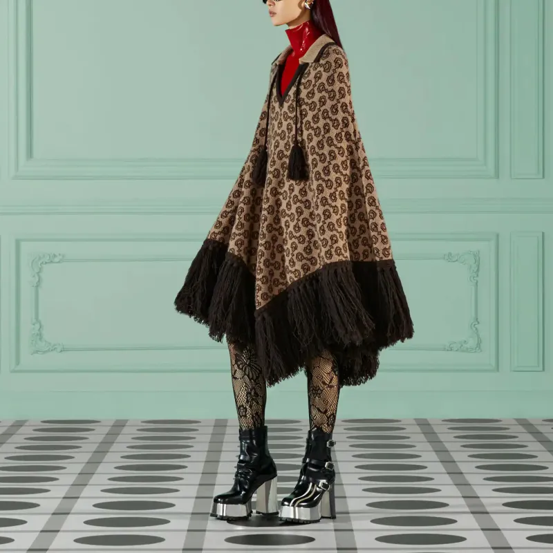 GUCCI Horsebit pattern Fringed Poncho-3
