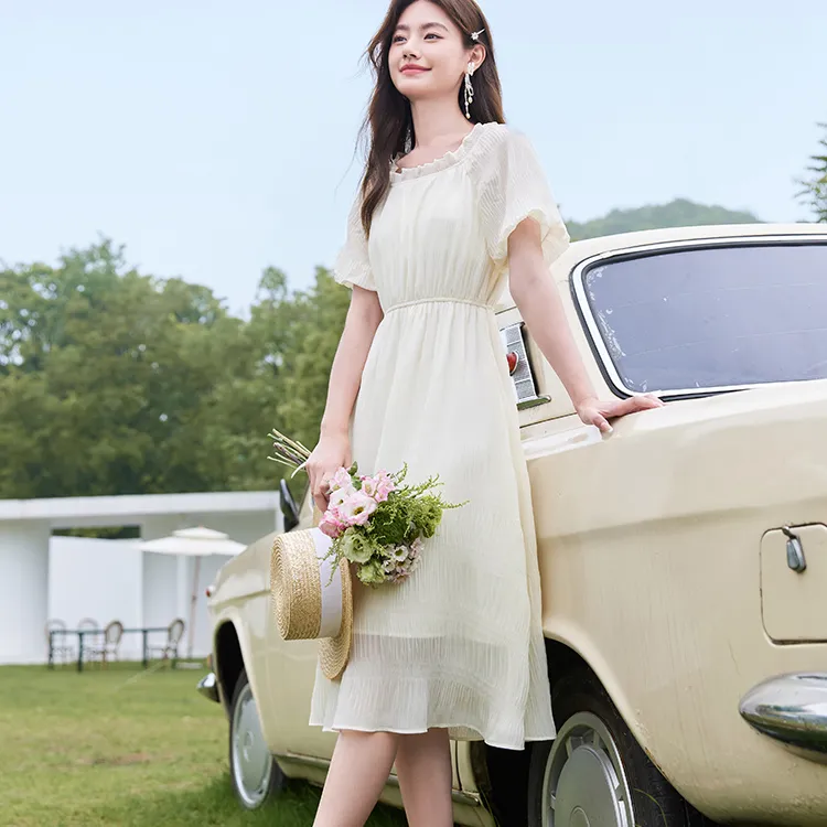 XIANGYING Short Sleeved Dress Women's Beige-3
