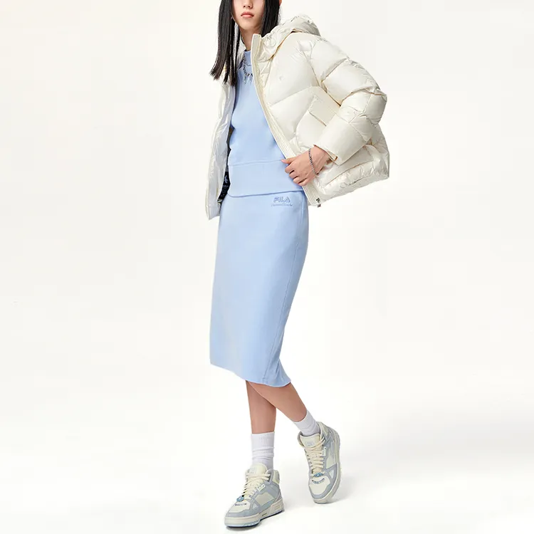 FILA Letter Hooded Cropped Down Jacket Women's Heron White-5