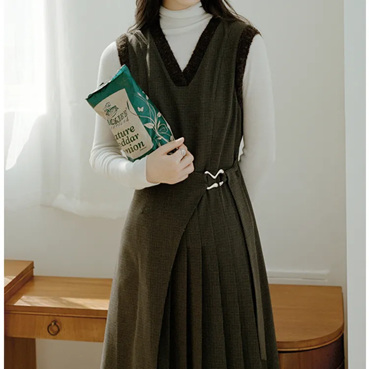 Even Vintage Pleated Skirt Mid-Length Dress Gray-3