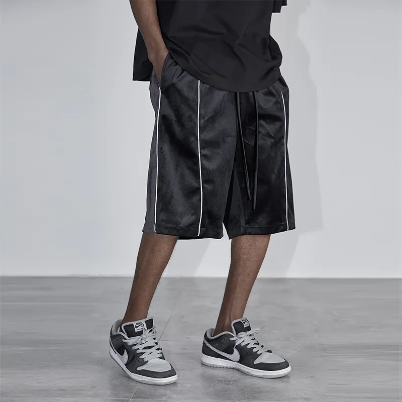 HARSH AND CRUEL 3M Reflective Stripe Velvet Patchwork Drawstring Loose Fit Casual 5 Inch Shorts Unisex-2