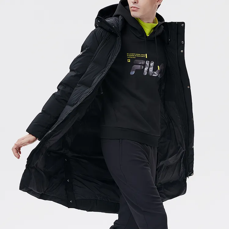 FILA Letter Hooded Long Down Jacket Men's Pitch Black-5