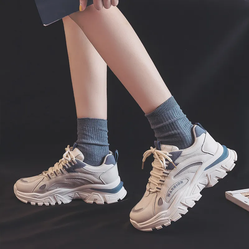 Warrior Abrasion Resistant Breathable Height Increasing Low Top Chunky Sneakers Unisex Beige Blue-6