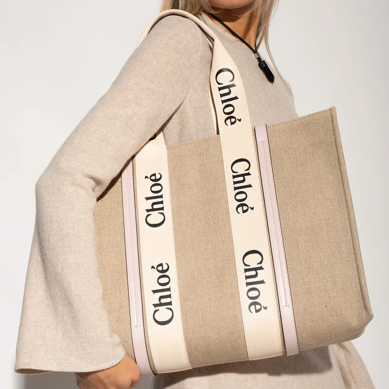 Chloe Woody Linen With Canvas And Calfskin Trim Canvas Bag Tote Bag Shopping Bag Handbag Large Size Women's Pink-4