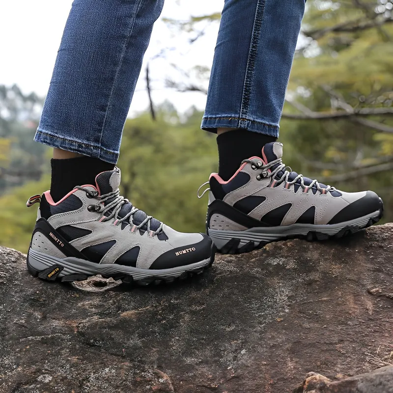 HUMTTO Cushioning Anti Slip And Wear Resistant High Top Outdoor Shoes Women's Gray Pink-7