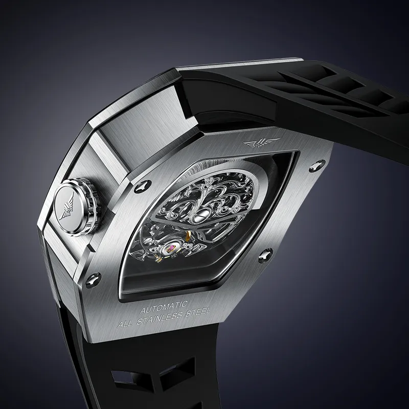 JINLERY Spider Collection Automatic Mechanical Movement Silicone Strap Watch Men's Watches Cut-Out Dial-3