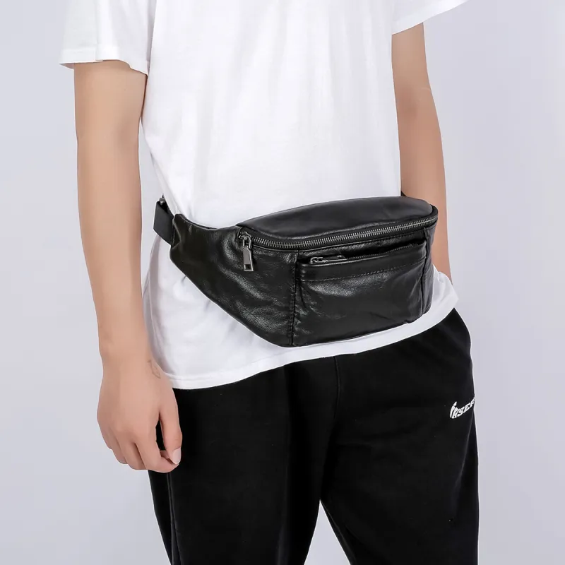 Ace Paul Genuine Leather Top Grain Cow Leather Crossbody Bags Fanny Pack Sling Bags Medium Size Unisex Black-7