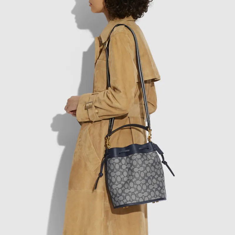 COACH Field Monogram Canvas With Leather Portable One Shoulder Drawstring Bucket Bag Canvas Crossbody Bag Women's Blue-5