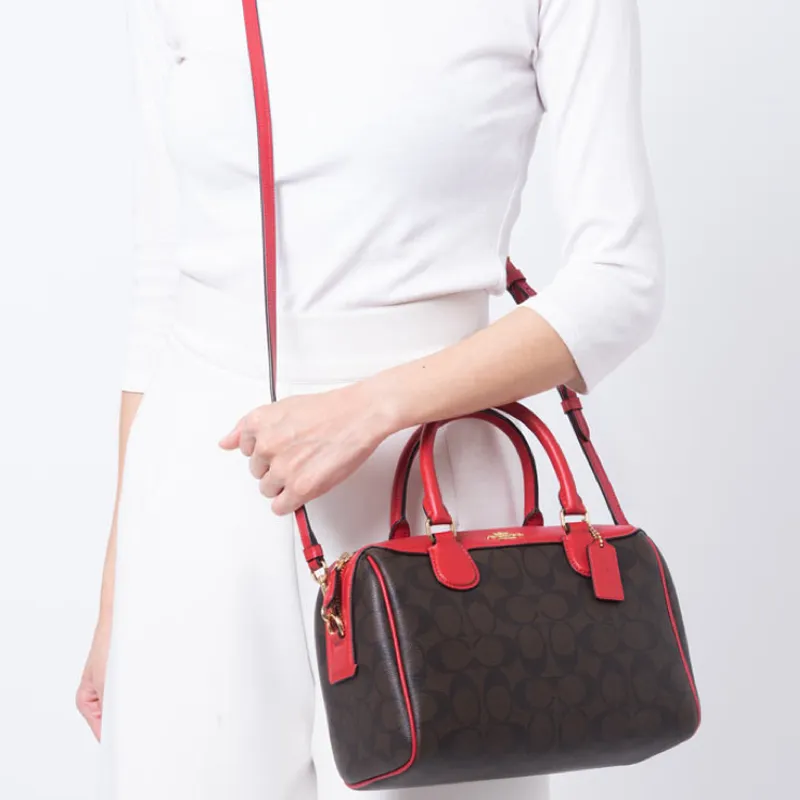 COACH Bennett Leather Boston Bag One Shoulder Handbag Crossbody Bag Small Size Women's Red And Brown Monogram-5