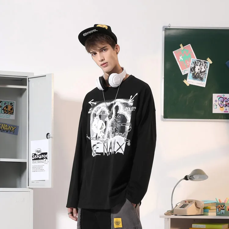 GENANX Straight Long Sleeved T Shirt Unisex Black-4