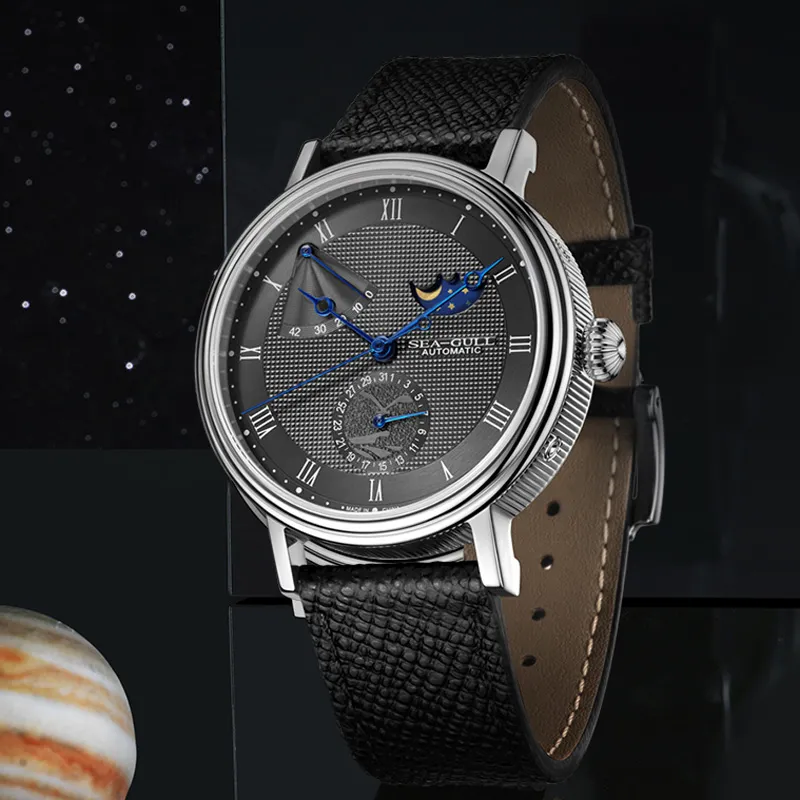 Sea Gull Automatic Mechanical Movement Genuine Leather Strap Watch Men's Watches Black Dial-3