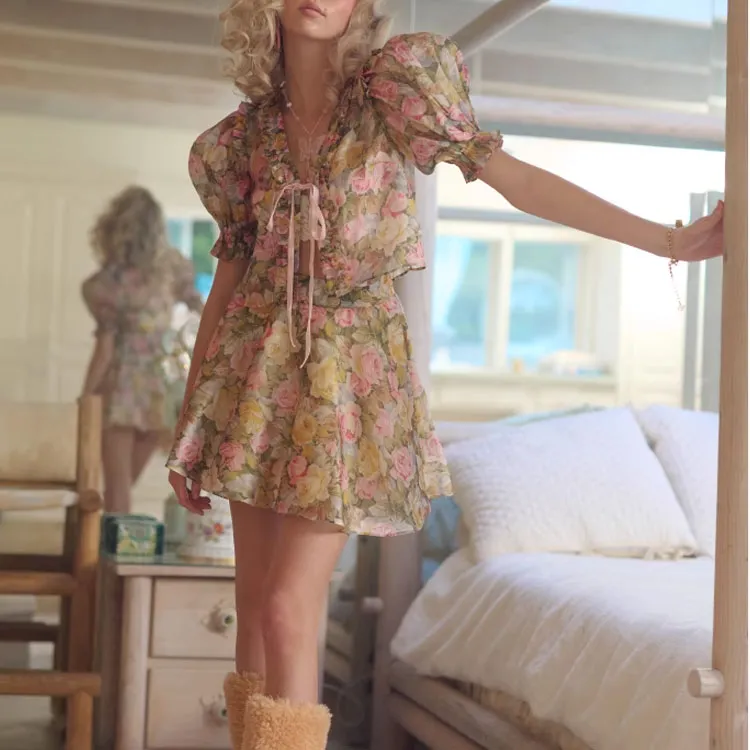 Selkie Shirt Matching Sets Women's Multicolor Dazzling Rose Print-2