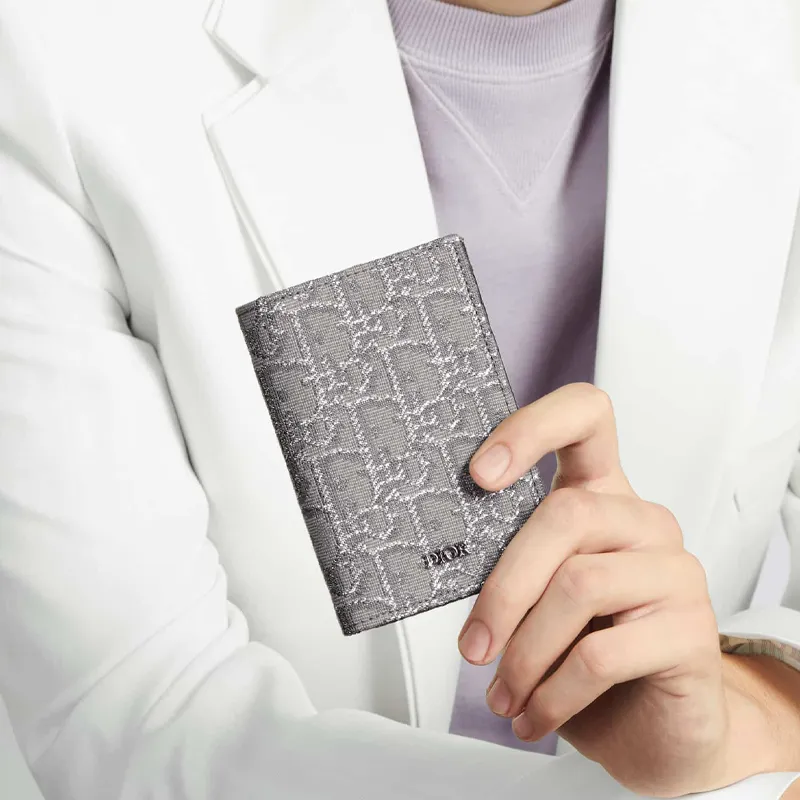 DIOR Oblique Embroidery Fabric Card Holder Men's Metal Gray-5