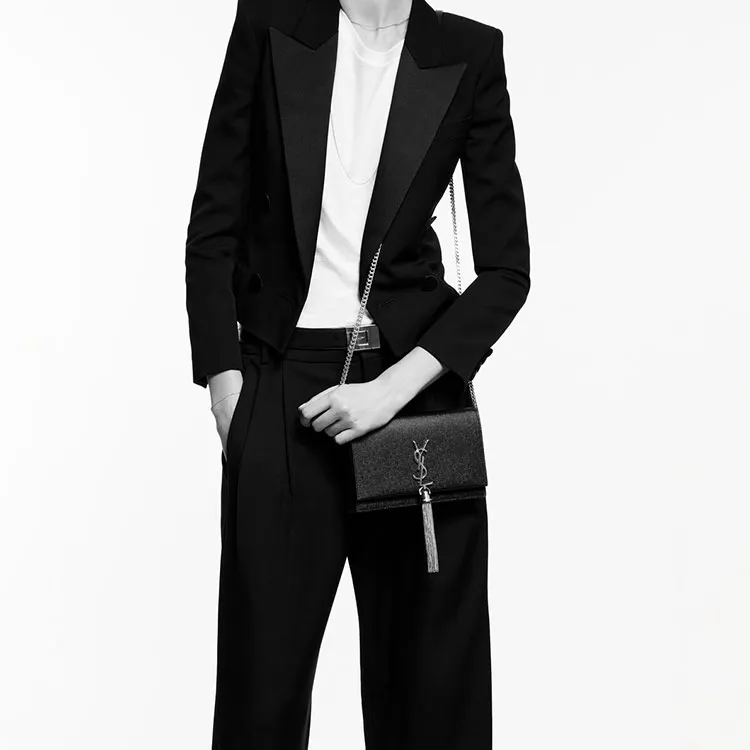 SAINT LAURENT KATE Shiny Cow Leather With Nubuck Texture Shoulder Bag, Crossbody Bag Trumpets Women's Black-8