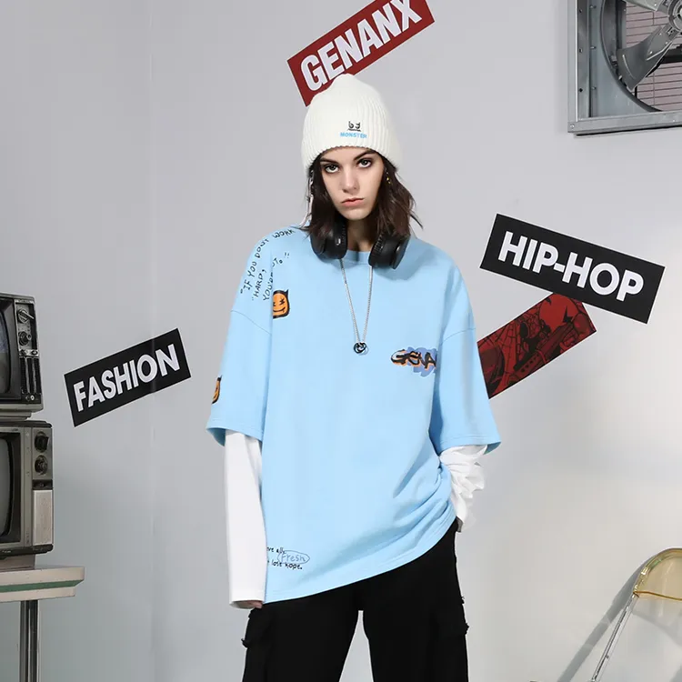 GENANX Crew Neck Loose Fit Mock Two Piece Sweatshirt Unisex-7