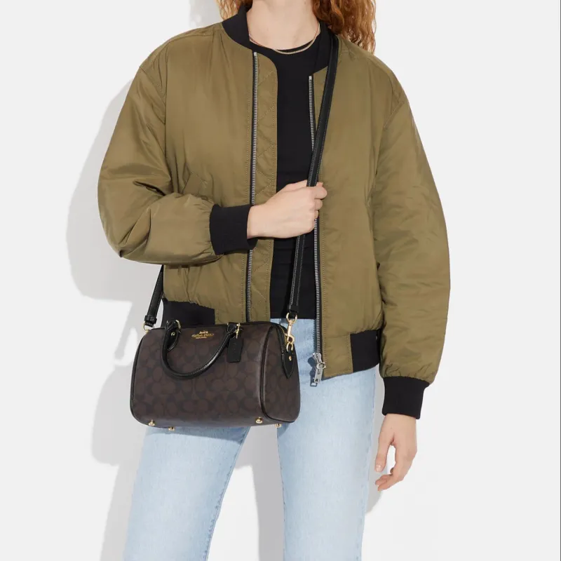 COACH Rowan Canvas With Leather Boston Bag Briefcases Shoulder Bag Crossbody Bag Medium Size Women's Tan-4