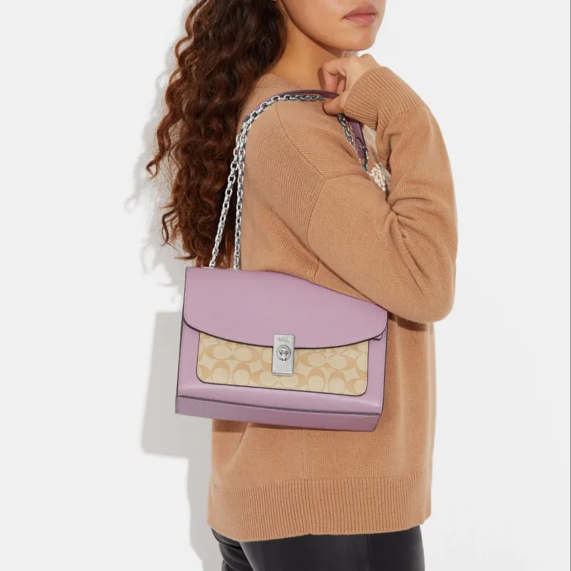 COACH Lane Coated Canvas With Pebbled Leather Portable Crossbody Bag Shoulder Bag Women's Khaki Monogram & Pink-4