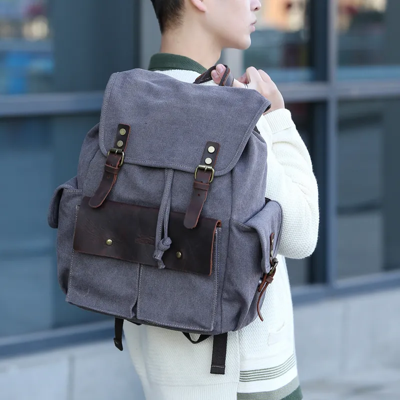 Slazenger Canvas With Top Grain Cow Leather Backpack Regular Unisex Gray/Khaki/Black-5