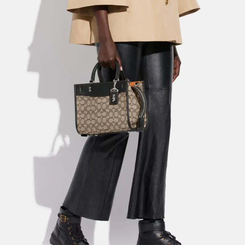 COACH Rogue Fabric With Glove Tanned Leather Shoulder Bag, Crossbody Bag, Handbag Medium Size Women's Gray & Black-5