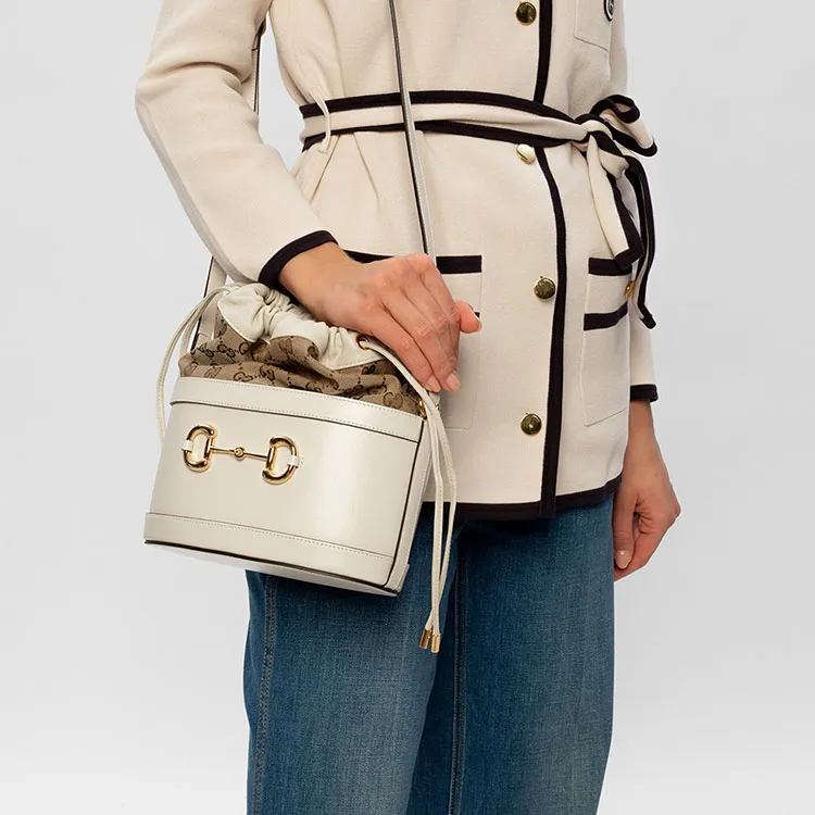GUCCI Horsebit 1955 Canvas With Leather Bucket Bag, Portable Crossbody Bag, Shoulder Bag Women's White-8