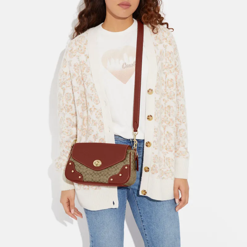 COACH Coated Canvas With Refined Pebbled Leather Handbag Shoulder Bag Women's Khaki With Terracotta-4