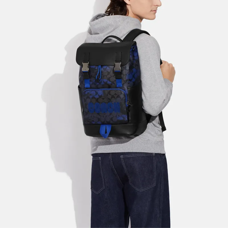 COACH Track Cow Leather With Textile Backpack Tubas Men's Blue & Bronze-3