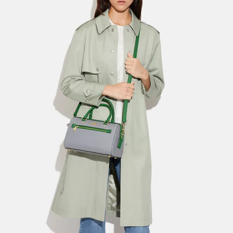 COACH Rowan Cross Grain Leather Boston Bag, Handbag, Shoulder Bag, Crossbody Bag Large Size Women's Gray & Green-4