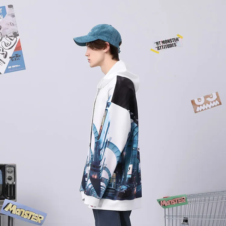 Bt Hooded Loose Fit Sweatshirt Unisex White Blue-9