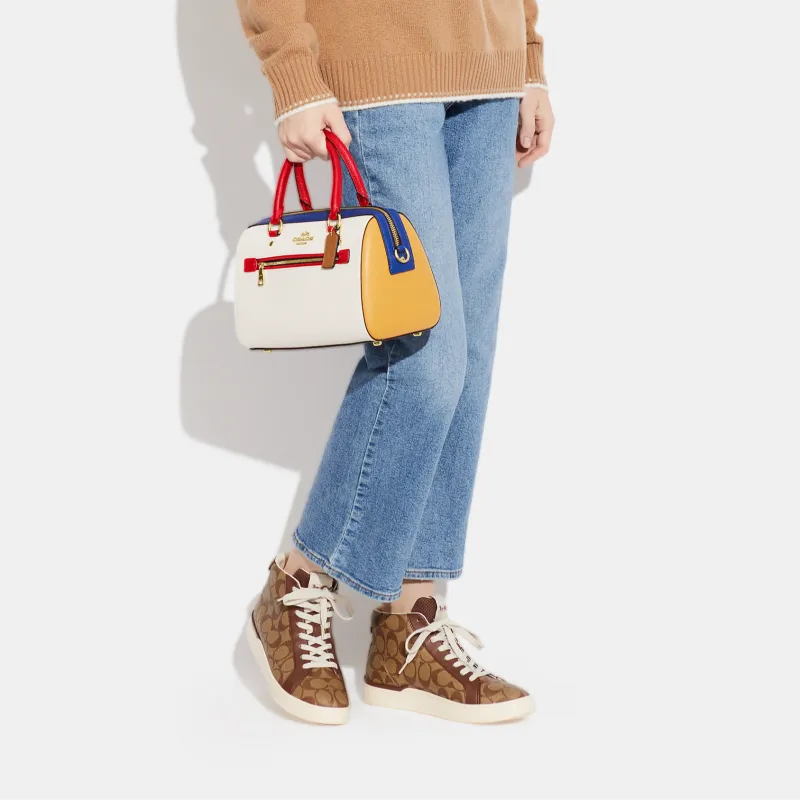 COACH Rowan Cross Grain Leather Handbag, Shoulder Bag, Crossbody Bag Tubas Women's Chalk White/Gold/Red/Blue-4