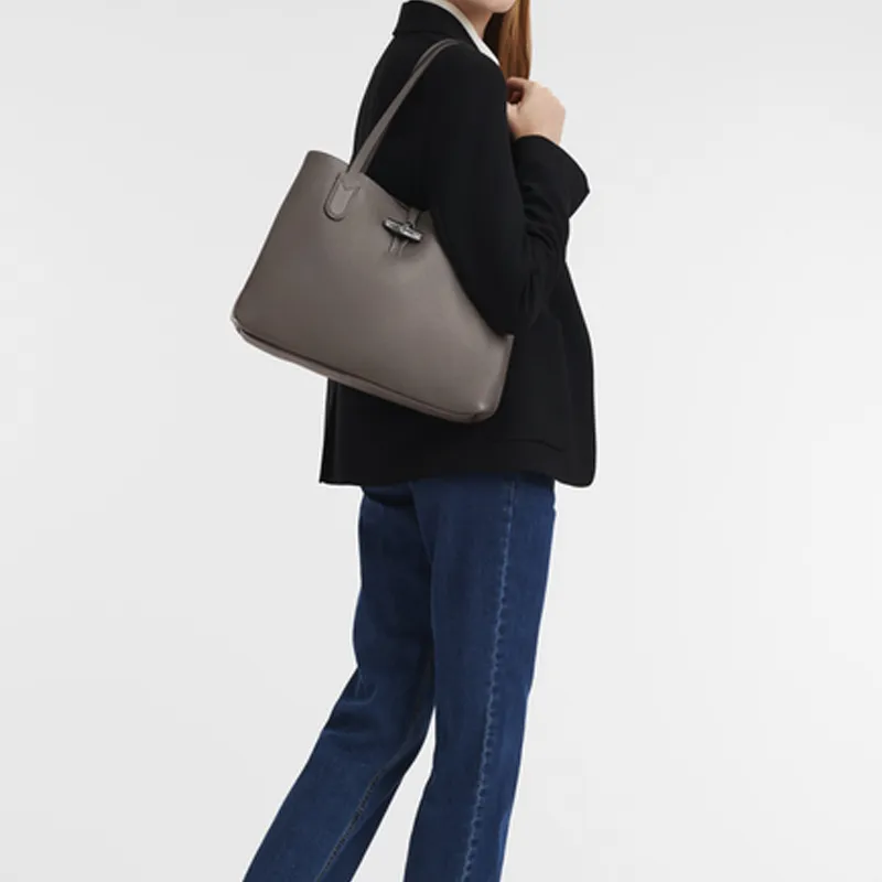 LONGCHAMP Roseau Cow Leather Laptop Bag Shoulder Bag Medium Size Women's Gray-6