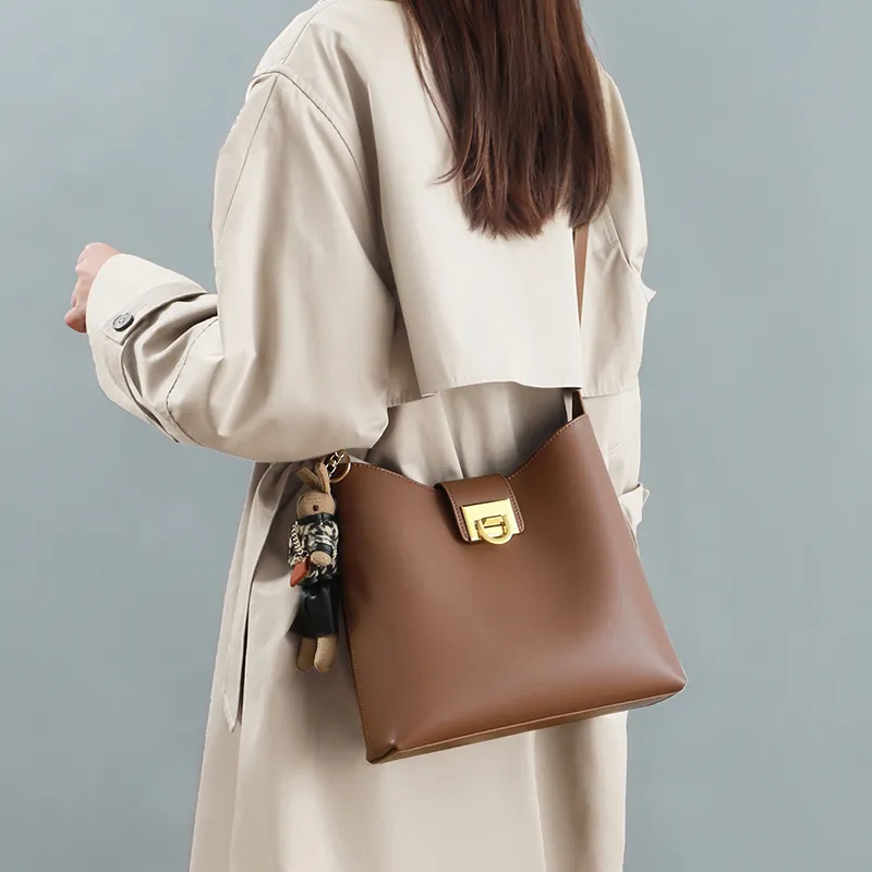 VINEY Cow Leather Bucket Bags Crossbody Bag Shoulder Bag Large Size Women's Caramel-4