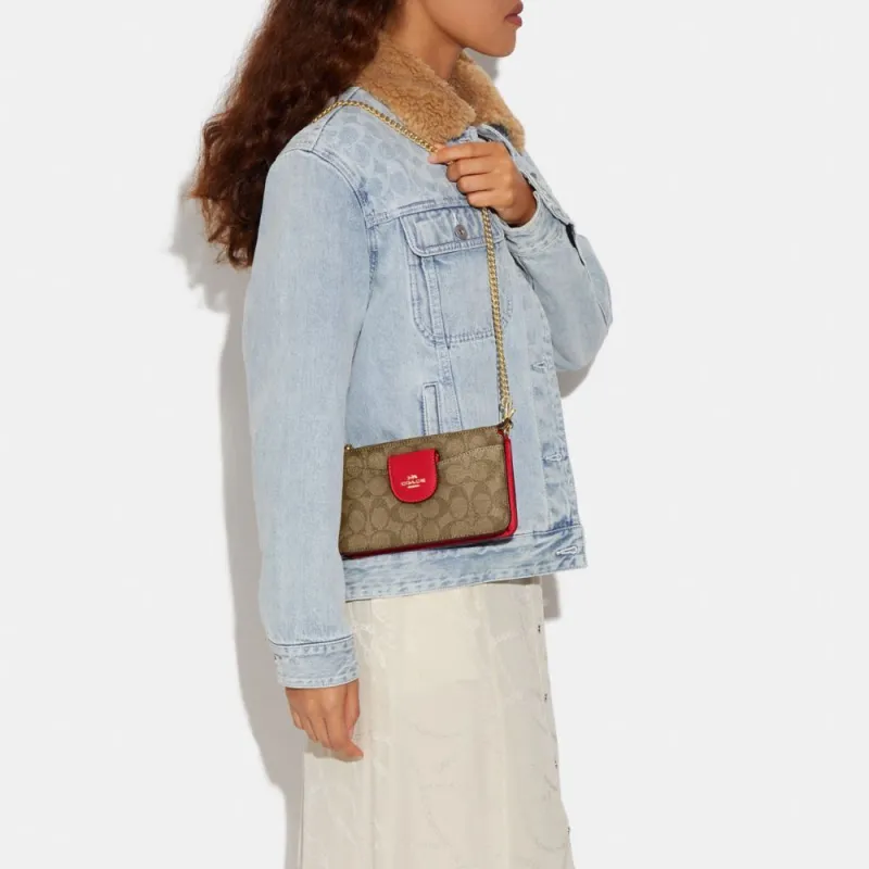 COACH POPPY Cow Leather Chain Bag Shoulder Bag Crossbody Bag Medium Size Women's Rose Red & Brown Monogram-3
