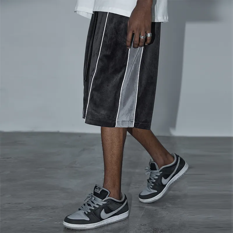 HARSH AND CRUEL 3M Reflective Stripe Velvet Patchwork Drawstring Loose Fit Casual 5 Inch Shorts Unisex-7