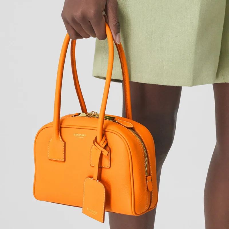 Burberry Cube Calfskin Patchwork Leather Detail Bowling Bag Shoulder Bag Handbag Mini Women's Dark Orange-6