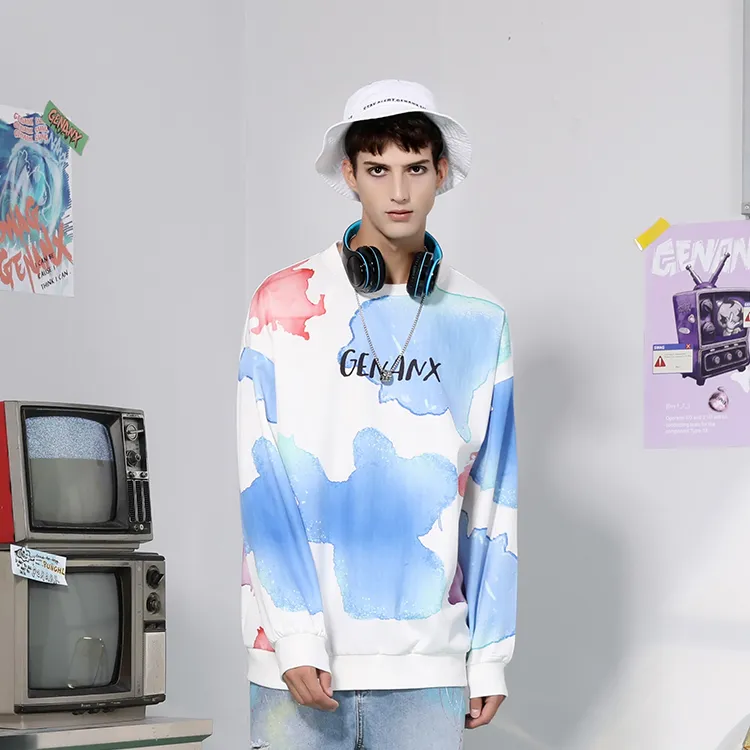 GENANX Crew Neck Loose Fit Regular Sweatshirt Spring Summer Fall And Winter Unisex White Blue-2