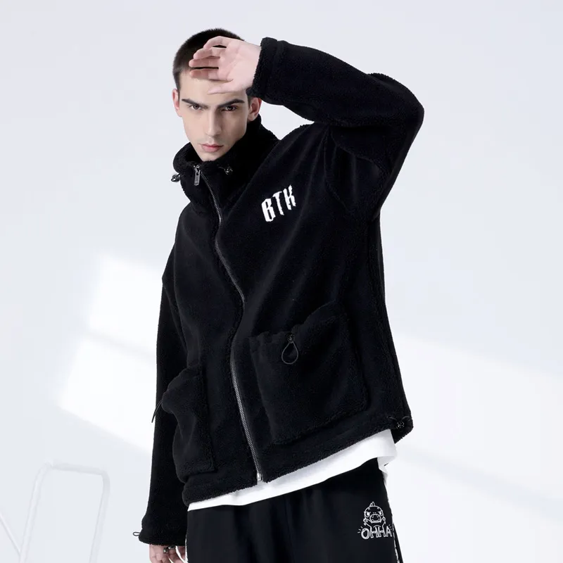 BTK Loose Fit Stand Collar Jacket Plush Coat Unisex-7