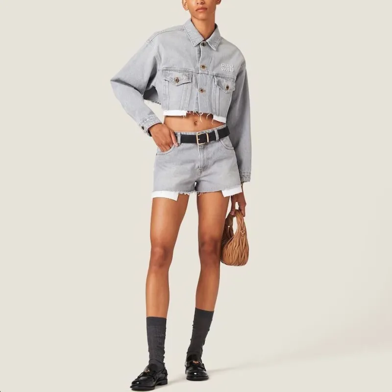 MIU MIU Logo appliqué Cropped Denim Jacket-1