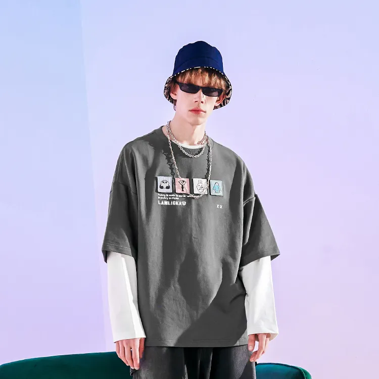 LAMLICKA YINYUEXIONGMAO Crew Neck Fitted Mock Two Piece T Shirt Unisex-3