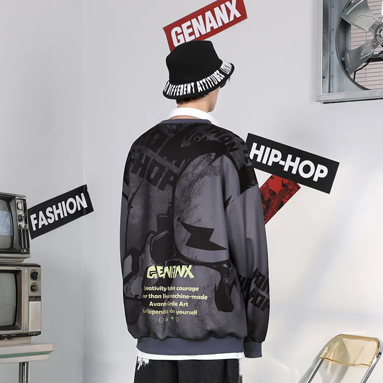 GENANX Crew Neck Loose Fit Sweatshirt Fall Spring Unisex-4