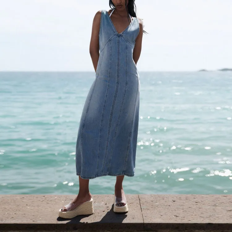 ZARA Sleeveless Dresses Women's Denim Blue-2