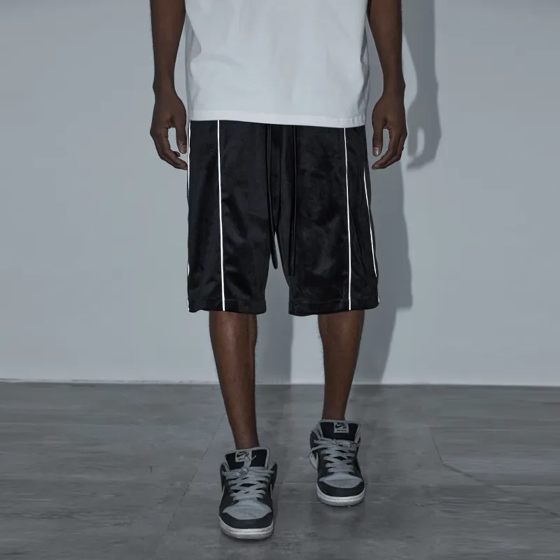 HARSH AND CRUEL 3M Reflective Stripe Velvet Patchwork Drawstring Loose Fit Casual 5 Inch Shorts Unisex-6