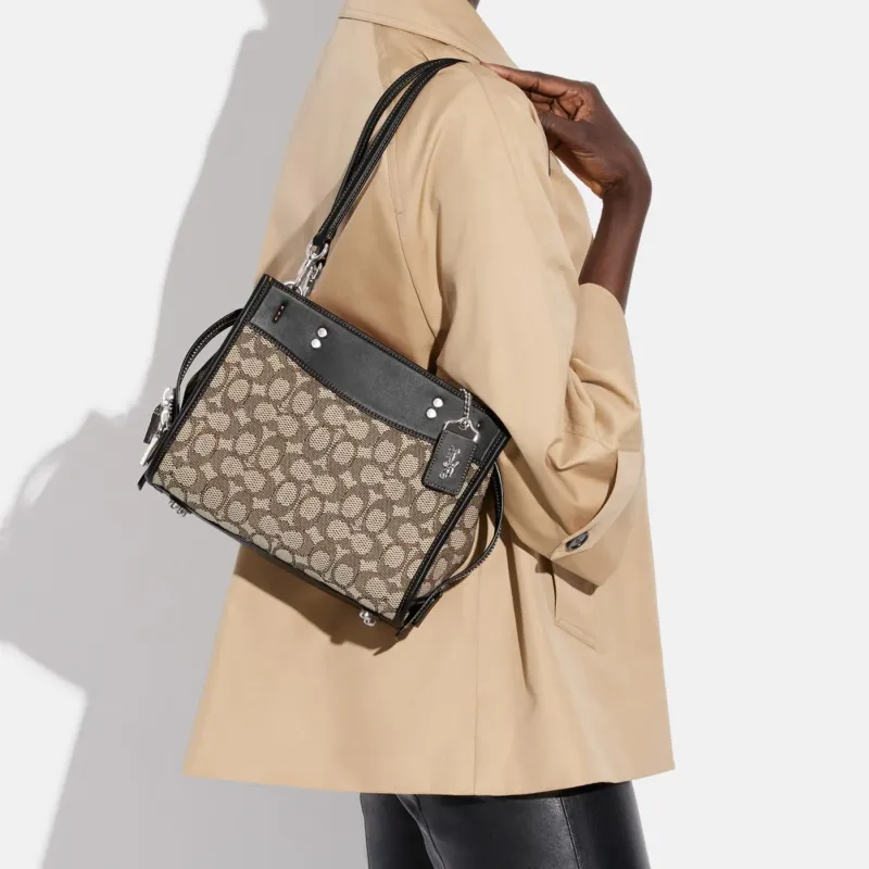COACH Rogue Fabric With Glove Tanned Leather Shoulder Bag, Crossbody Bag, Handbag Medium Size Women's Gray & Black-6