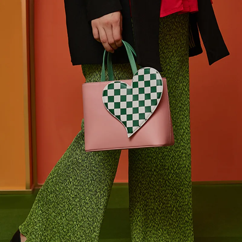 STAR TOWN Cow Leather Heart Bag, Checkerboard Bag, Crossbody Bag, Handbag Regular Women's Multicolor-5