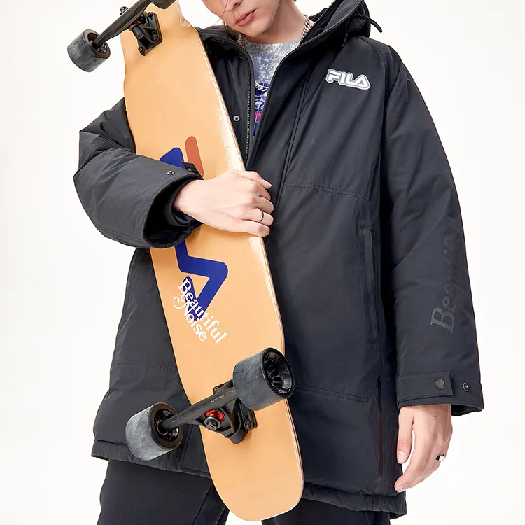 FILA FUSION TOKYO STUDIO Letter Hooded Loose Fit Mid Length Down Jacket Men's Pitch Black-2