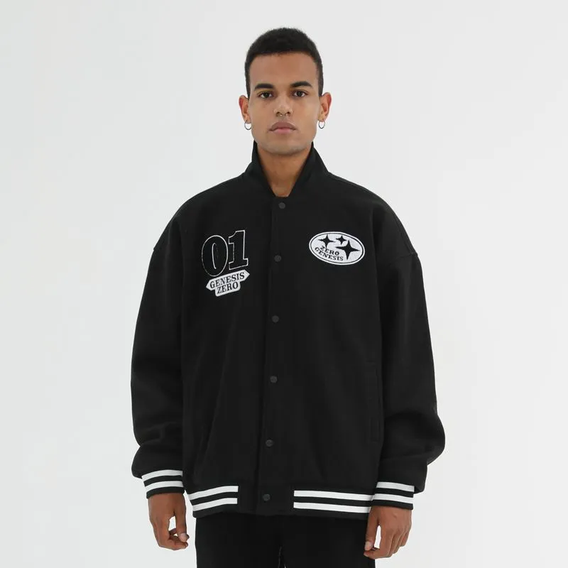 PCMY x Genesiszero Letter Shape Abstract Pattern Baseball Collar Loose Fit Puffer Jacket Unisex Black-2