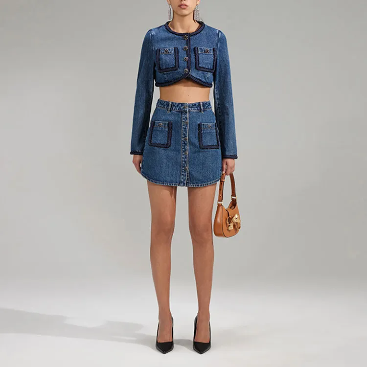 Self portrait SS23 Cropped Coats Women's Denim Blue-3